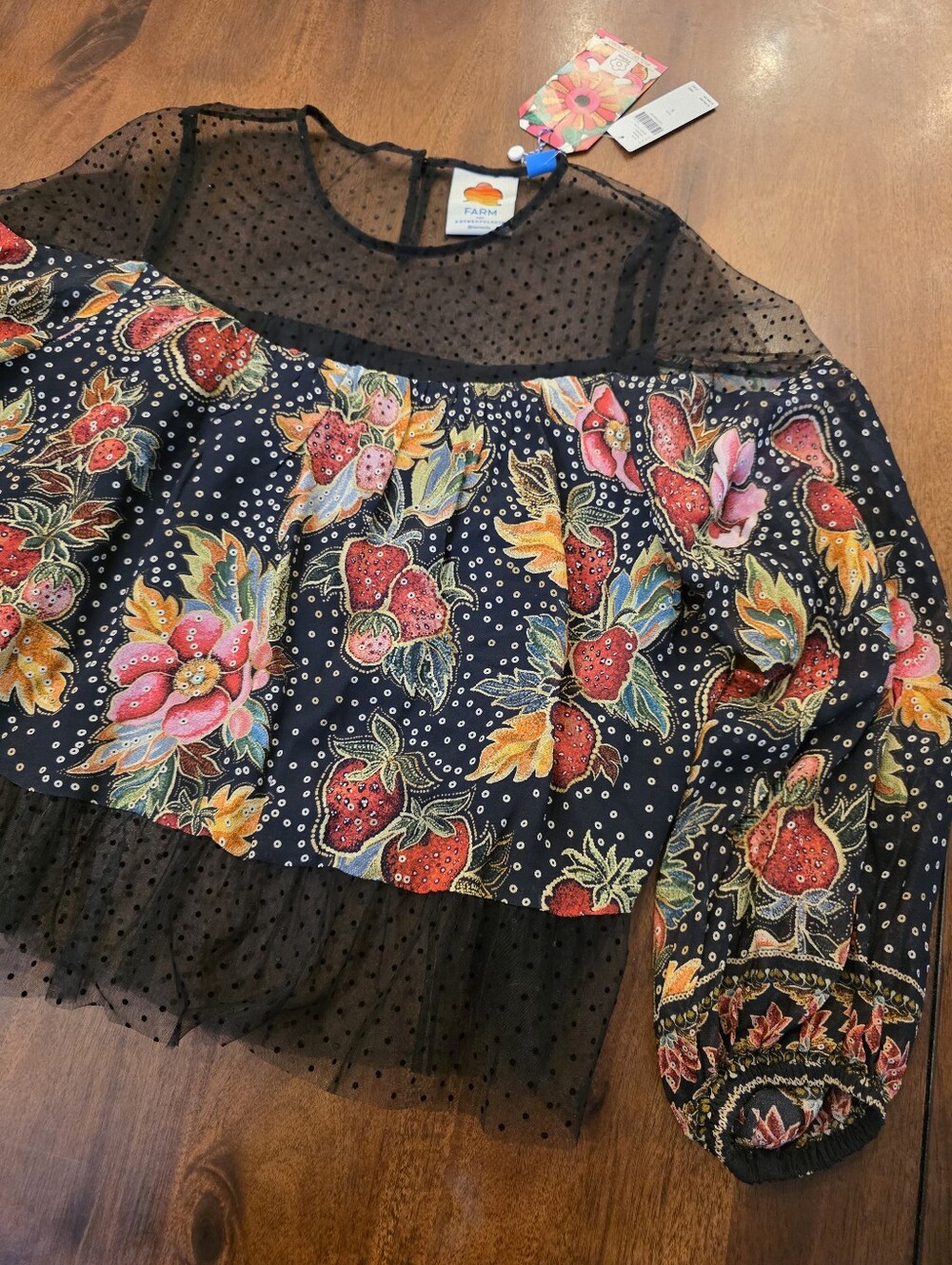 NWT Farm Rio x Anthropologie Sheer Mesh Polka Dot Floral Blouse Sz S Boho - Picture 7 of 11